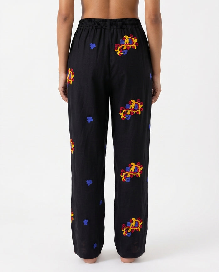 Ravin Embroidered Ginkgo Linen Pleated Trousers – Black - R216946
