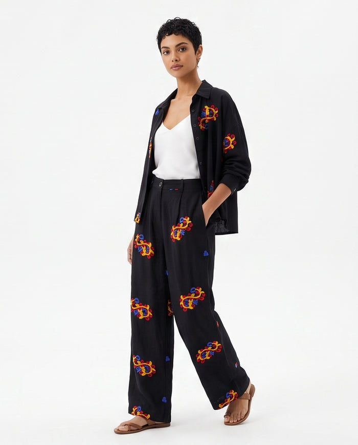 Ravin Embroidered Ginkgo Linen Pleated Trousers – Black - R216946