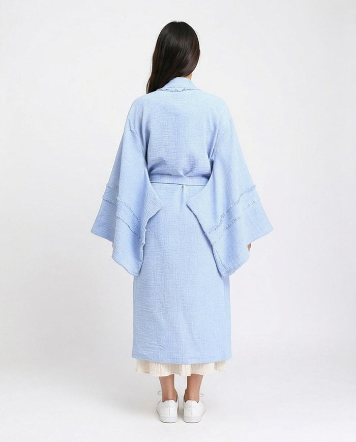 Ravin Fringed Sky Blue Kimono-Style Duster Coat - Light Blue - R207249