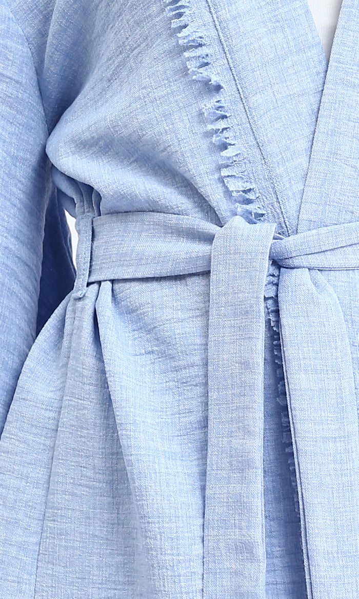 Ravin Fringed Sky Blue Kimono-Style Duster Coat - Light Blue - R207249