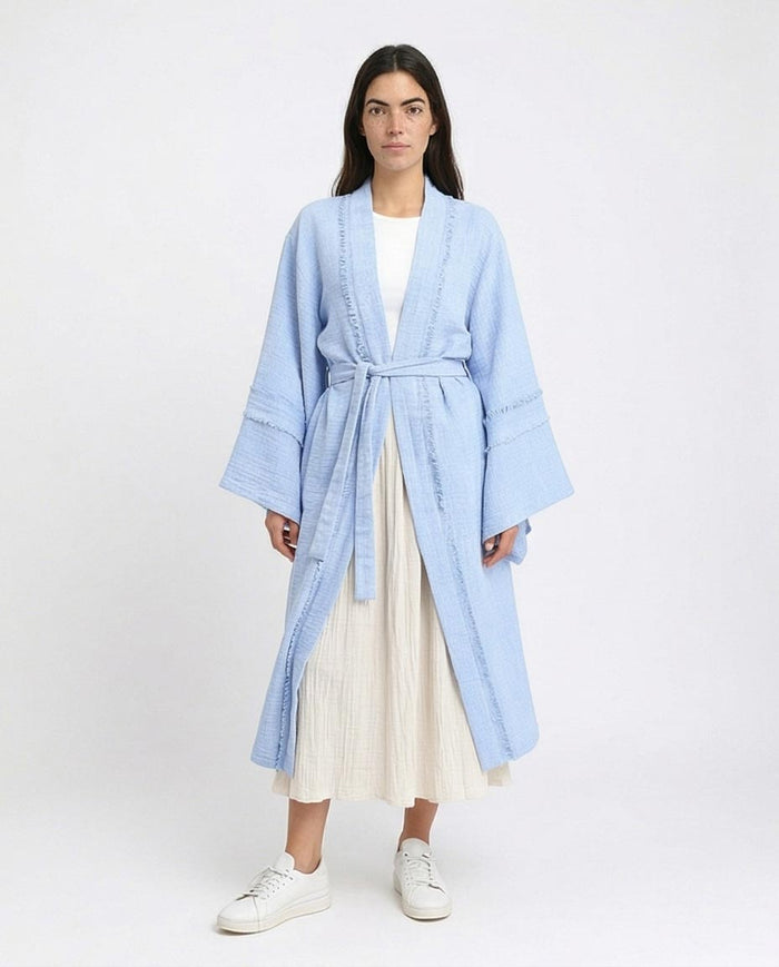 Ravin Fringed Sky Blue Kimono-Style Duster Coat - Light Blue - R207249