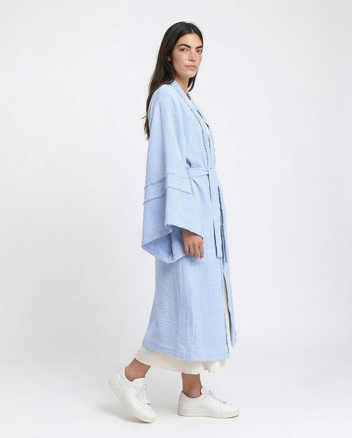 Ravin Fringed Sky Blue Kimono-Style Duster Coat - Light Blue - R207249