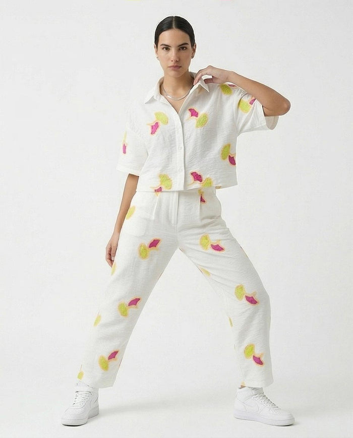 Ravin Ginkgo Leaf Embroidered Linen Cropped Shirt - White & Magenta - R216951