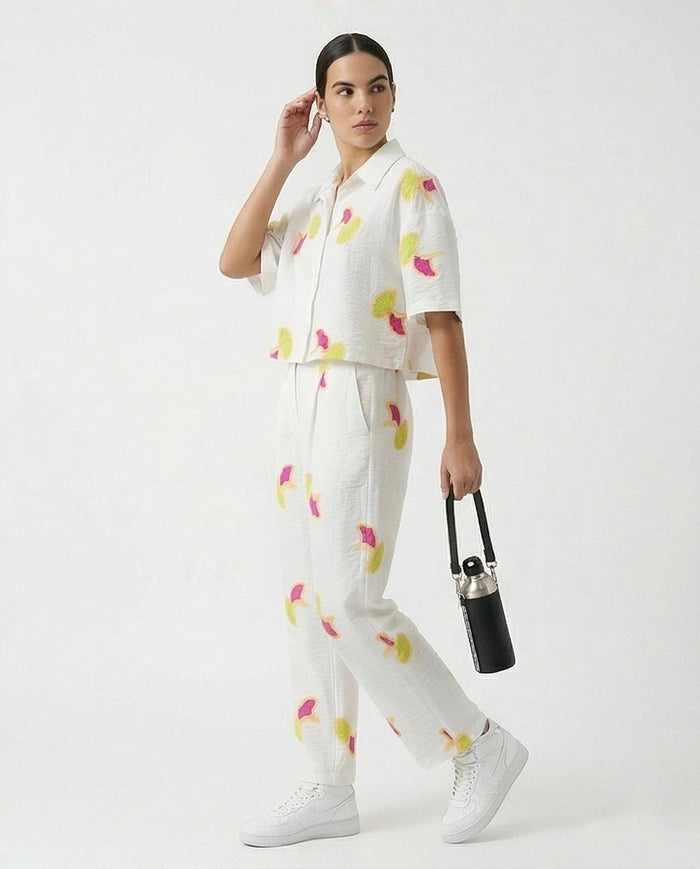 Ravin Ginkgo Leaf Embroidered Linen Cropped Shirt - White & Magenta - R216951