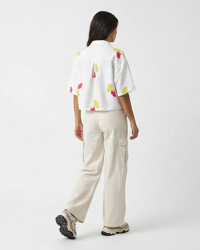Ravin Ginkgo Leaf Embroidered Linen Cropped Shirt - White & Magenta - R216951