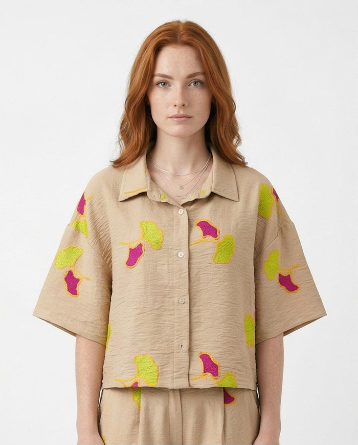 Ravin Ginkgo Leaf Embroidered Plissé Cropped Shirt - R216949