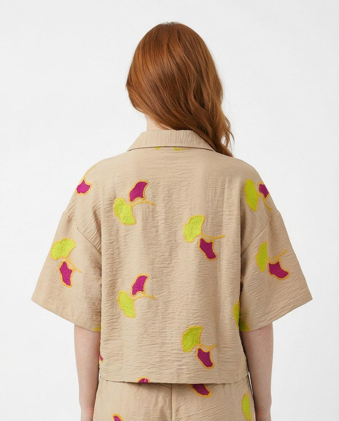Ravin Ginkgo Leaf Embroidered Plissé Cropped Shirt - R216949