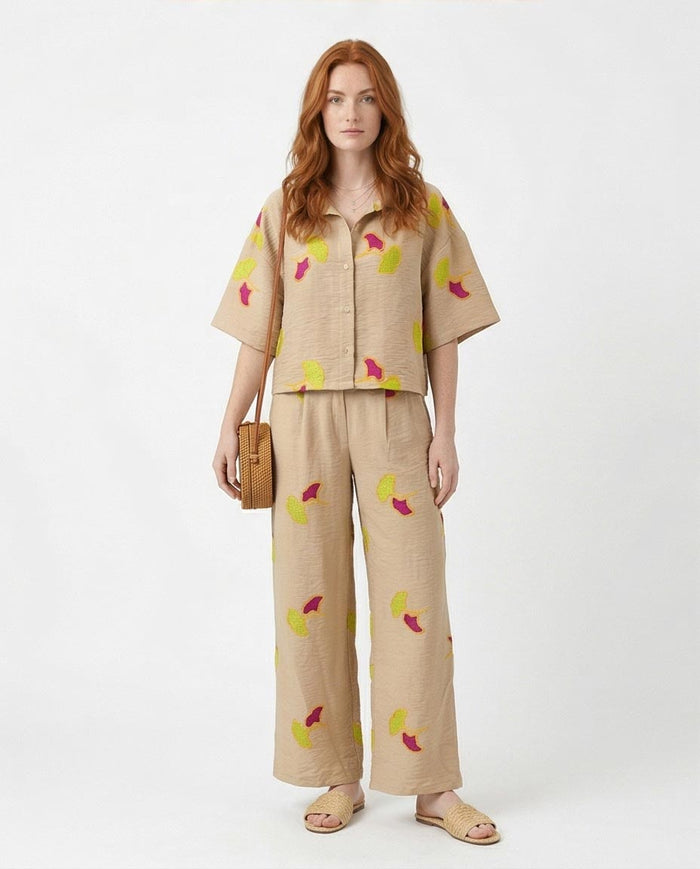 Ravin Ginkgo Leaf Embroidered Plissé Cropped Shirt - R216949