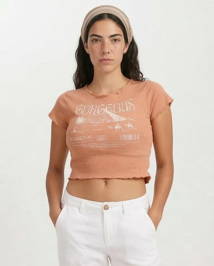 Gorgeous Desert Graphic Lettuce Hem Crop Top - Coral