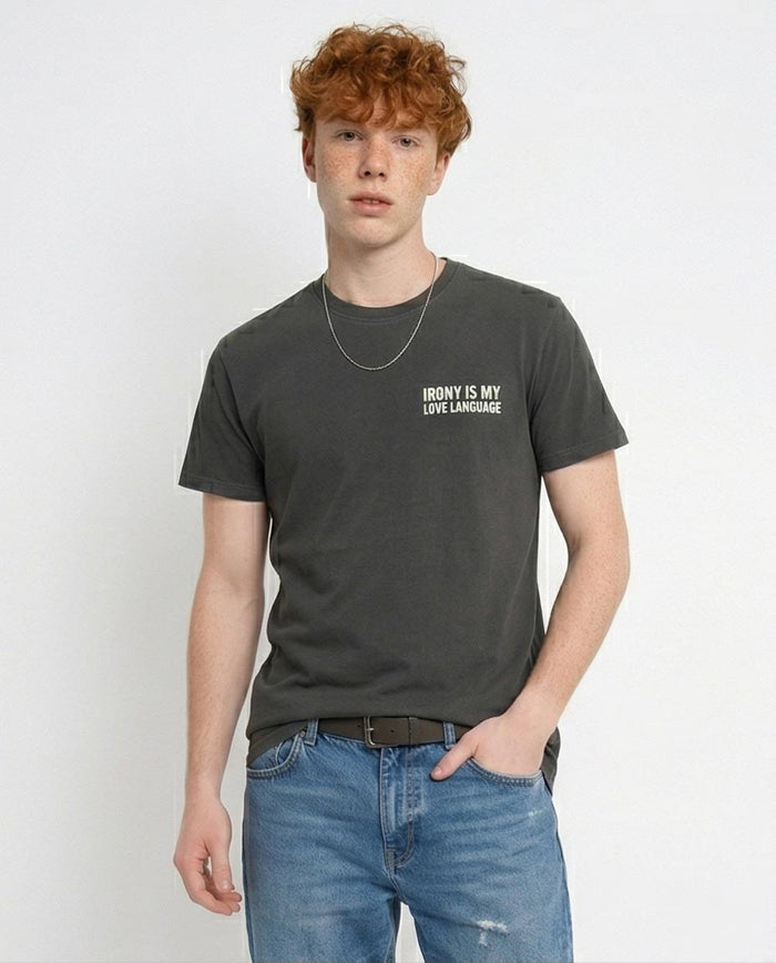 Ravin "Irony is My Love Language" Distressed Graphic T-Shirt - Charcoal Grey - R216397