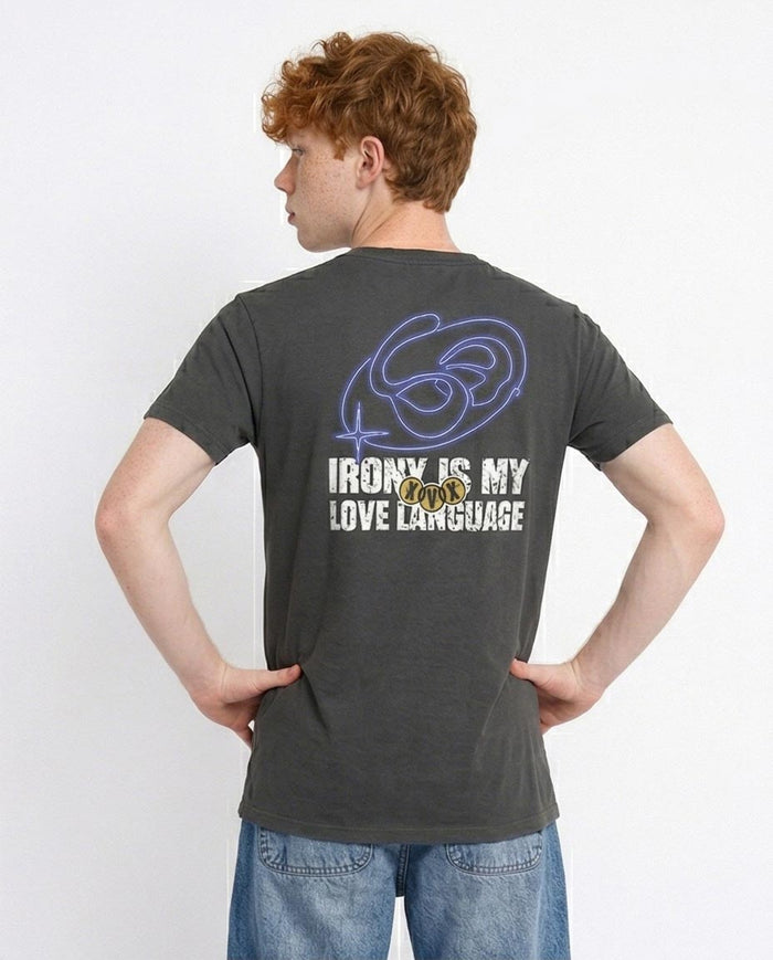 Ravin "Irony is My Love Language" Distressed Graphic T-Shirt - Charcoal Grey - R216397