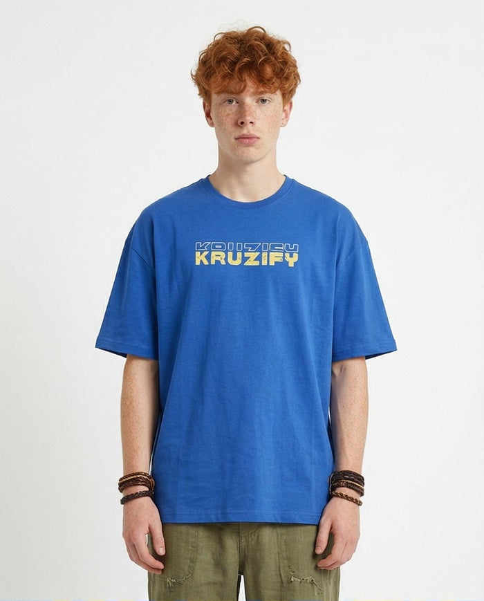 Person wearing a blue t-shirt with 'KRUZIFY' text on a white background