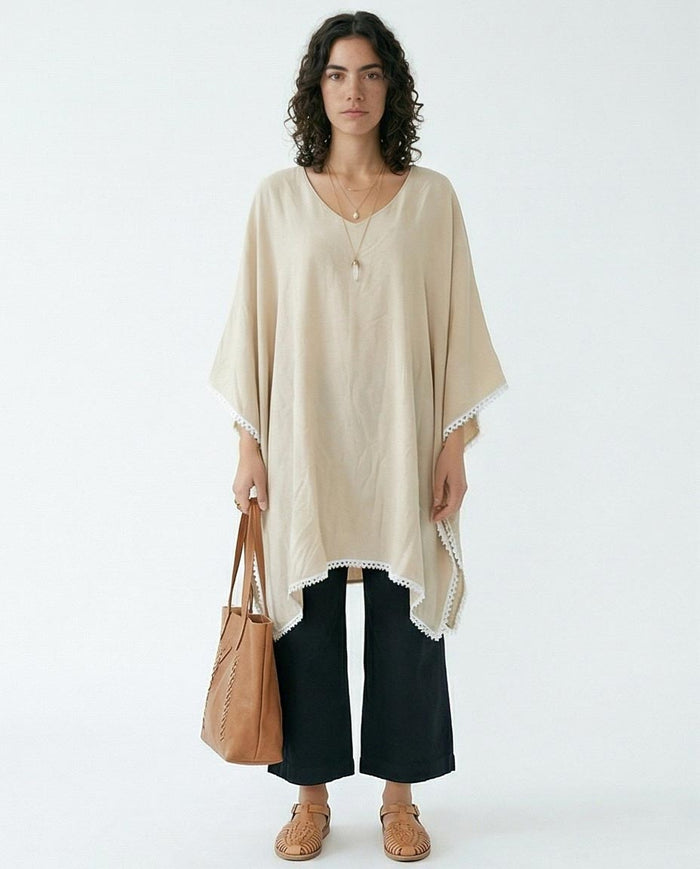 Ravin Lace-Trimmed Handkerchief Hem Kaftan Tunic in Beige - R217016