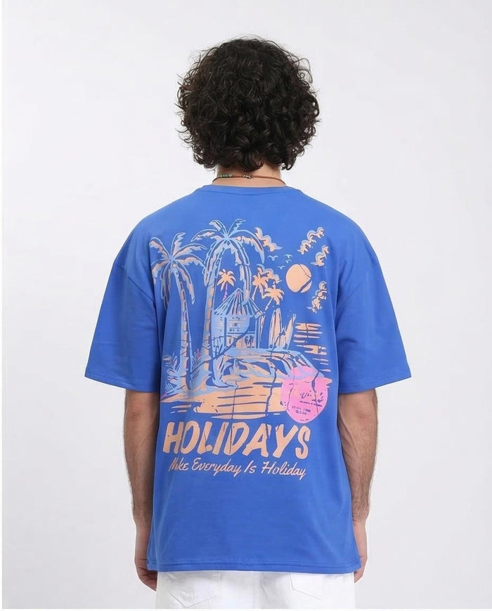 Ravin Men's 100% Cotton Oversized "Holidays" Tropical Graphic T-Shirt - Royal Blue - R209410