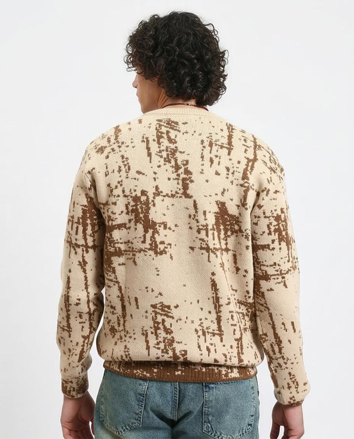 Ravin Men’s Abstract Jacquard Knit Crewneck Sweater – Cream & Earth-Tone Brown - R214475