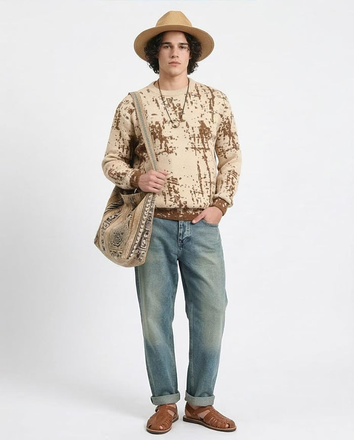 Ravin Men’s Abstract Jacquard Knit Crewneck Sweater – Cream & Earth-Tone Brown - R214475
