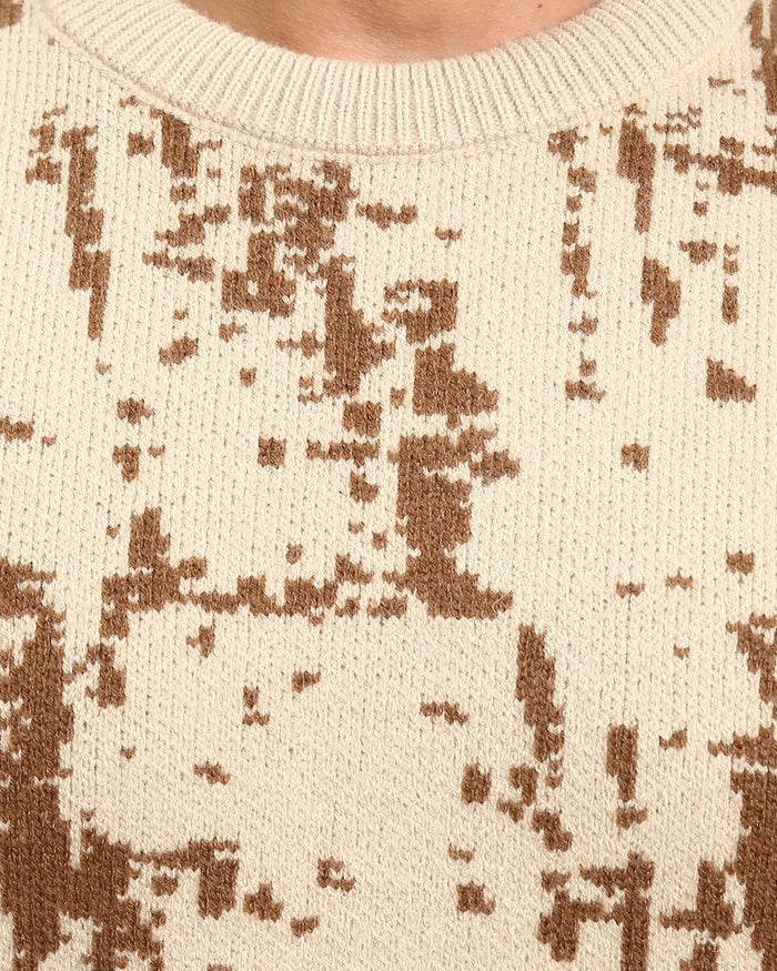 Ravin Men’s Abstract Jacquard Knit Crewneck Sweater – Cream & Earth-Tone Brown - R214475