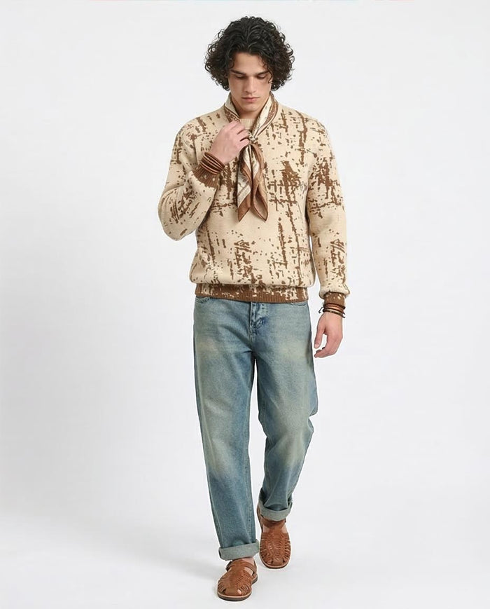 Ravin Men’s Abstract Jacquard Knit Crewneck Sweater – Cream & Earth-Tone Brown - R214475