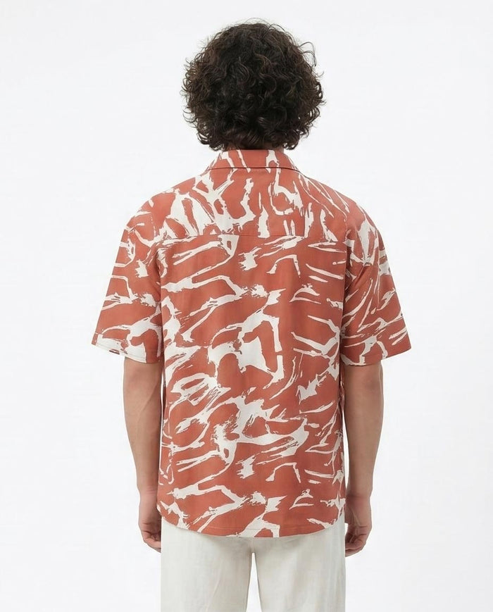 Ravin Men’s Abstract Tiger-Stripe Camp Collar Shirt – Terracotta & White - R210016