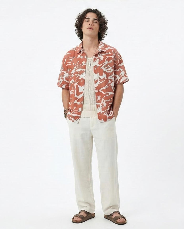Ravin Men’s Abstract Tiger-Stripe Camp Collar Shirt – Terracotta & White - R210016