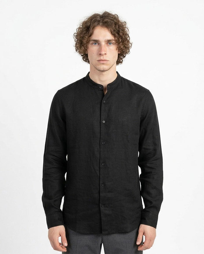 Ravin Men's Band Collar Textured Linen-Look Long Sleeve Shirt - Black - R204678
