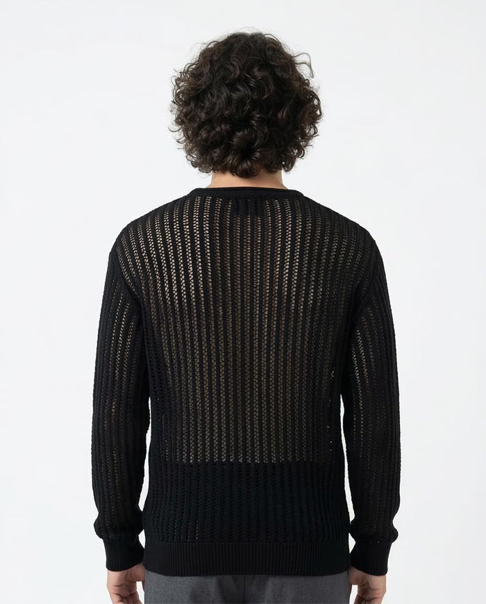 Ravin Men’s Black Jacquard Tricot Long Sleeve Crew-Neck - Balck - R207760
