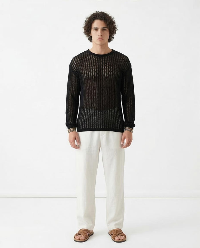 Ravin Men’s Black Jacquard Tricot Long Sleeve Crew-Neck - Balck - R207760