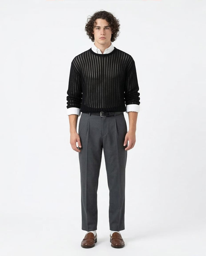 Ravin Men’s Black Jacquard Tricot Long Sleeve Crew-Neck - Balck - R207760