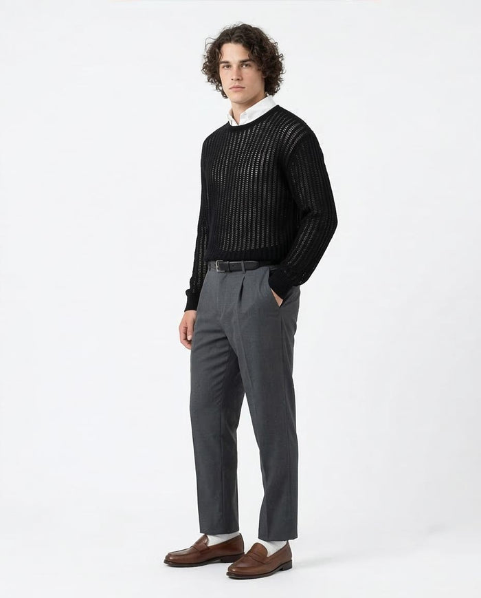 Ravin Men’s Black Jacquard Tricot Long Sleeve Crew-Neck - Balck - R207760