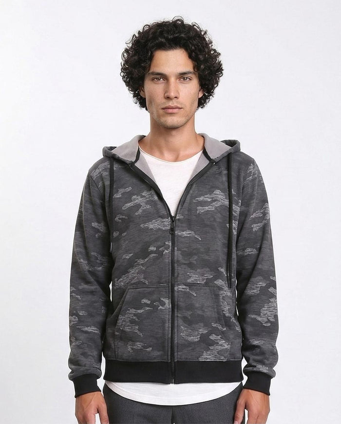 Men's Camo-Pattern Full-Zip Hoodie with Contrast Ribbing