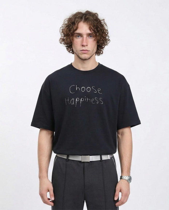 Men's "choose Happiness" Oversized Graphic T-Shirt - Black