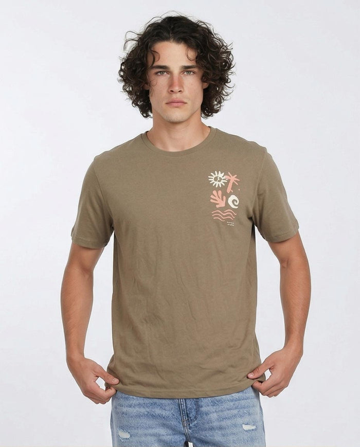 Man wearing a brown t-shirt with a graphic design on a white background
