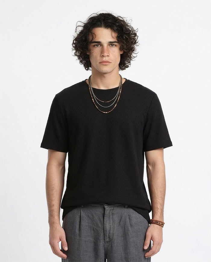 Men's Diamond-Grid Textured Crew Neck T-Shirt - Black