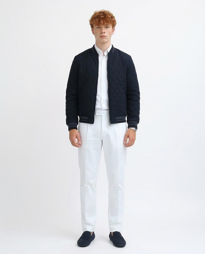 Ravin Men's Diamond-Quilted Bomber Jacket with Striped Ribbing - Navy - o197485