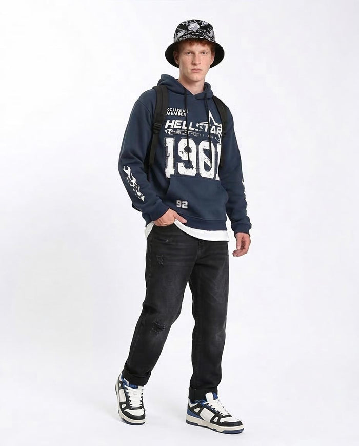 Ravin Men’s Distressed Graphic Hoodie - Navy Blue "HELLSTAR 1981" Streetwear - R212192