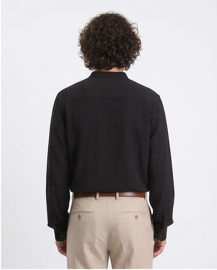Ravin Men’s Fluid-Drape Grandad Collar Shirt – Midnight Black - O203312