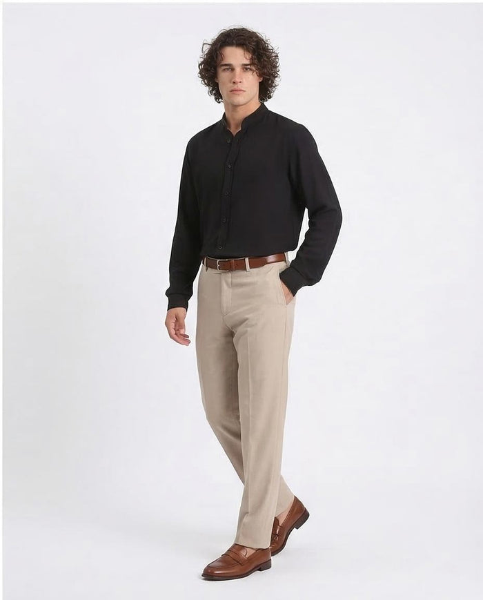 Ravin Men’s Fluid-Drape Grandad Collar Shirt – Midnight Black - O203312