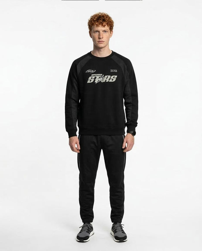 Ravin Men's FW25 Raglan Crew-Neck Melton Sweatshirt – Black "Upward Stars" Graphic - R214781