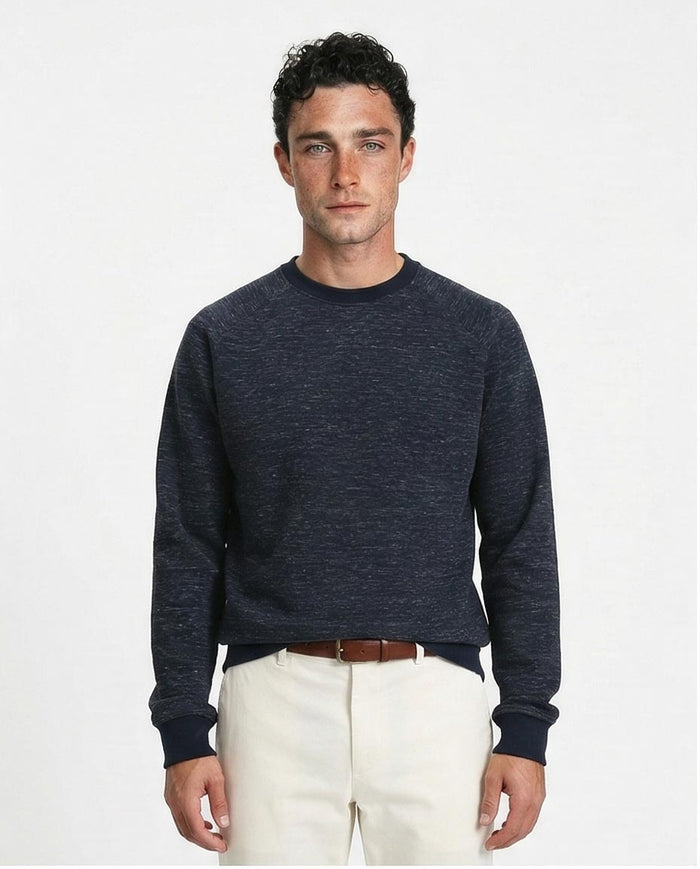 Men's Heathered Raglan-Sleeve Navy Sweatshirt - Premium Textured Knit