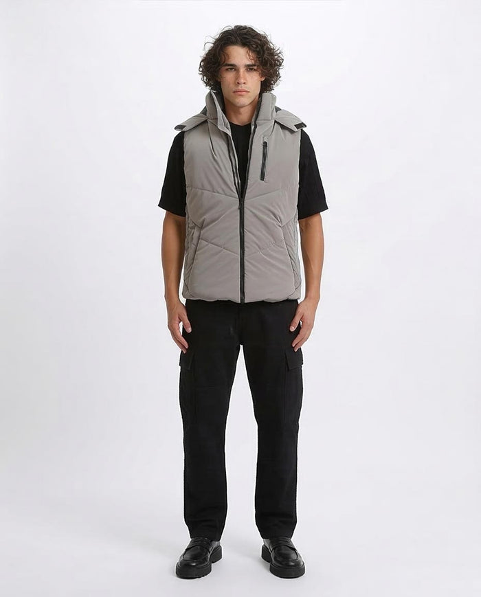 Ravin Men’s Hooded Puffer Vest – Chevron Quilted Technical Gilet with Zip Pocket - O202805