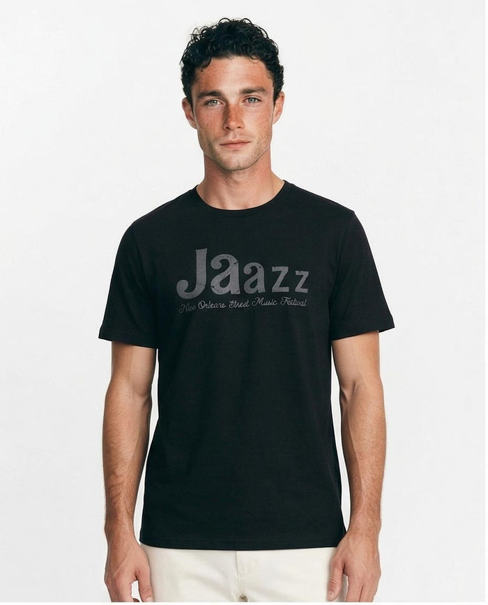 Man wearing a black t-shirt with 'Jaazz' logo on a white background