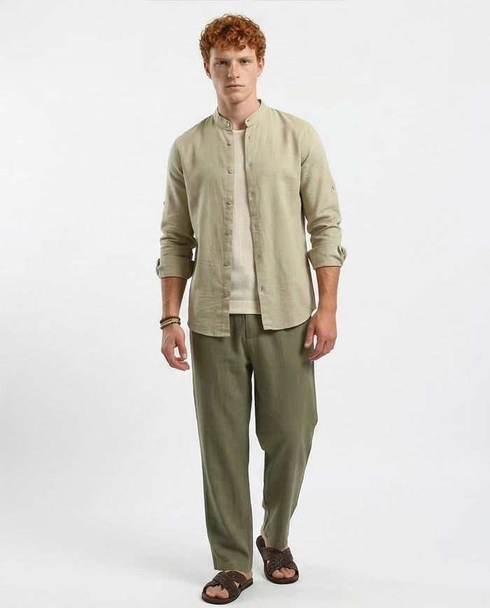 Ravin Men's Mandarin Collar Linen-Blend Shirt – Sage Oat - O181029