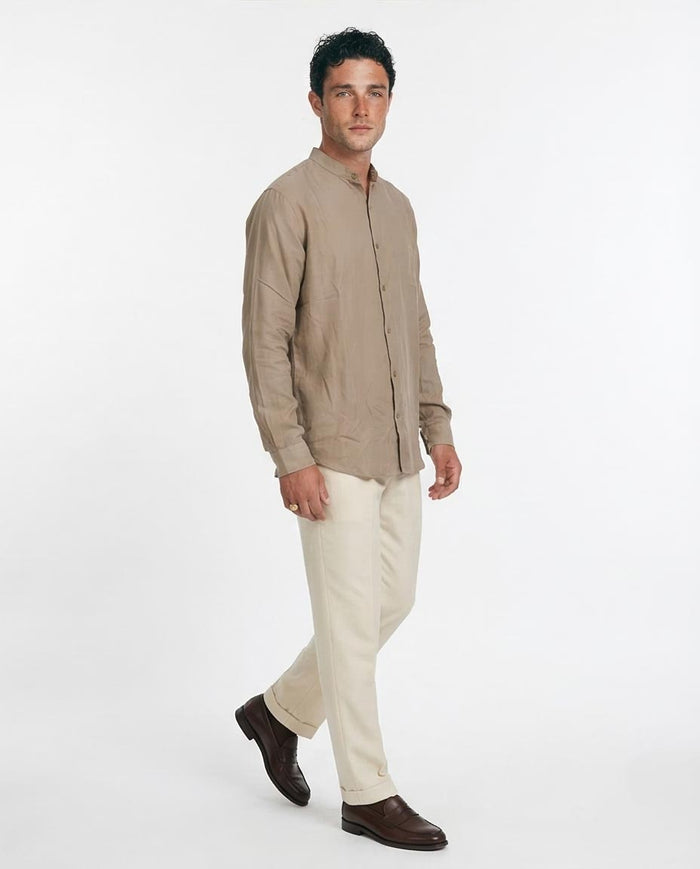 Ravin | Men’s Mandarin Collar Linen-Texture Shirt – Taupe – O203315