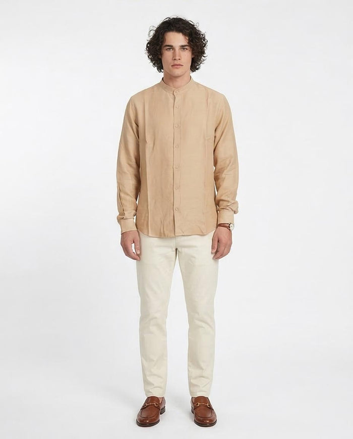 Ravin Men’s Mandarin Collar Linen-Textured Shirt – Sand - O203314