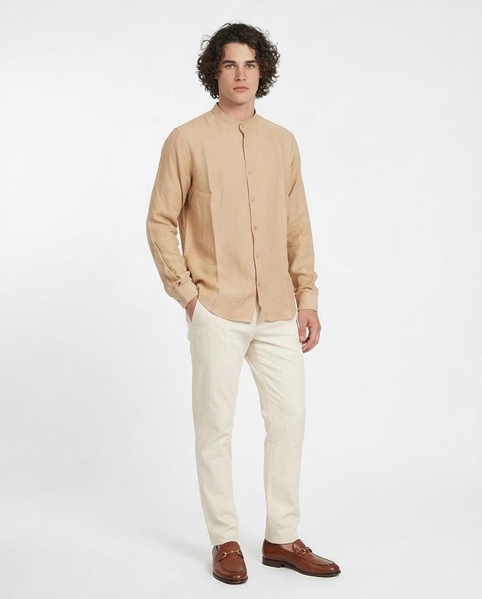 Ravin Men’s Mandarin Collar Linen-Textured Shirt – Sand - O203314