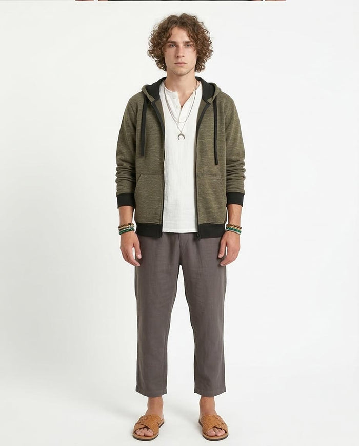 Ravin Men’s Marled Zip-Up Hoodie with Contrast Ribbing – Olive - R212099