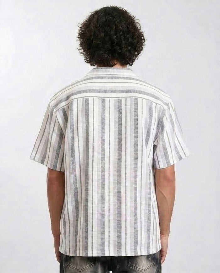 Ravin | Men's Multi-Stripe Relaxed Cuban Collar Shirt- Grey & White - R208106