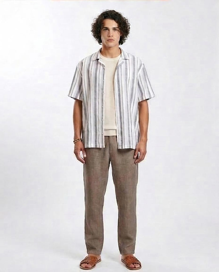 Ravin | Men's Multi-Stripe Relaxed Cuban Collar Shirt- Grey & White - R208106