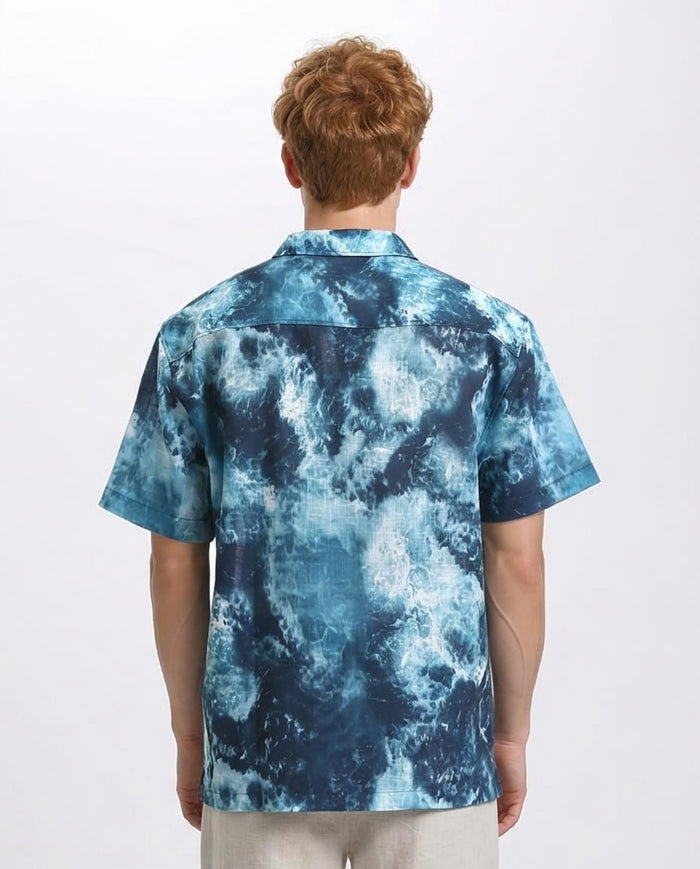 Ravin | Men's Ocean Wave Print Relaxed Camp Collar Shirt - Teal & White - R204705