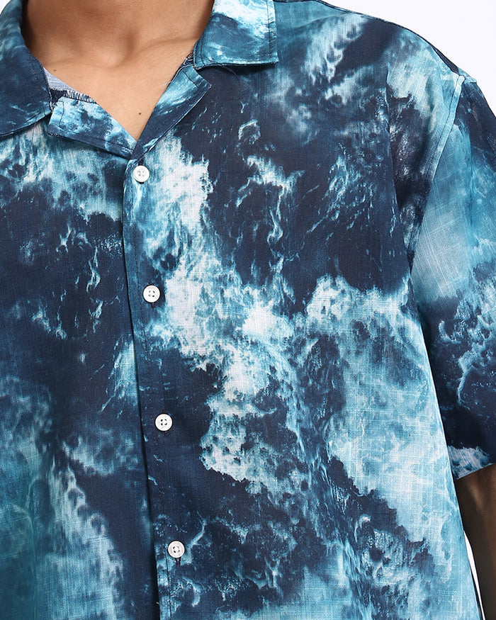Ravin | Men's Ocean Wave Print Relaxed Camp Collar Shirt - Teal & White - R204705